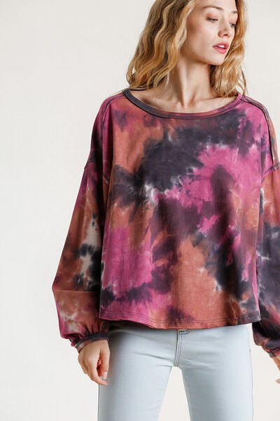 Umgee Full Size Tie Dye Round Neck Long Balloon Sleeve Top Plus Size - Bitsy Gypsy Boutique