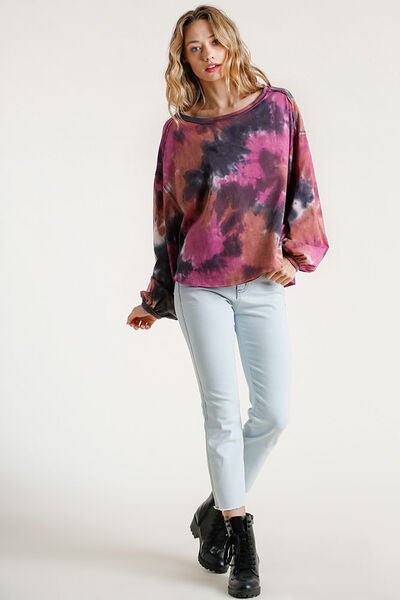 Umgee Full Size Tie Dye Round Neck Long Balloon Sleeve Top Plus Size - Bitsy Gypsy Boutique