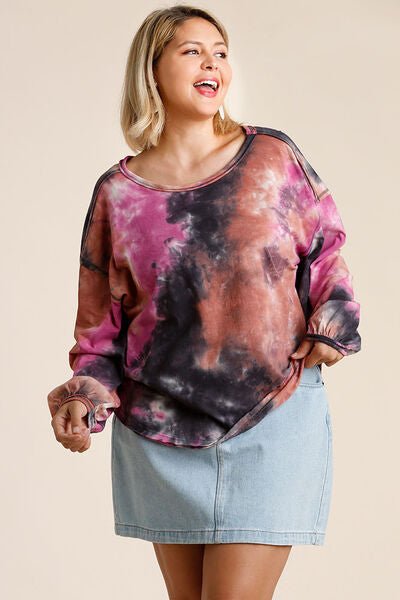 Umgee Full Size Tie Dye Round Neck Long Balloon Sleeve Top Plus Size - Bitsy Gypsy Boutique