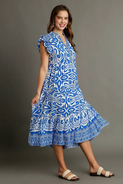Umgee Full Size Two Tone Border Print Ruffle Cap Sleeve Midi Dress Plus Size - Bitsy Gypsy Boutique