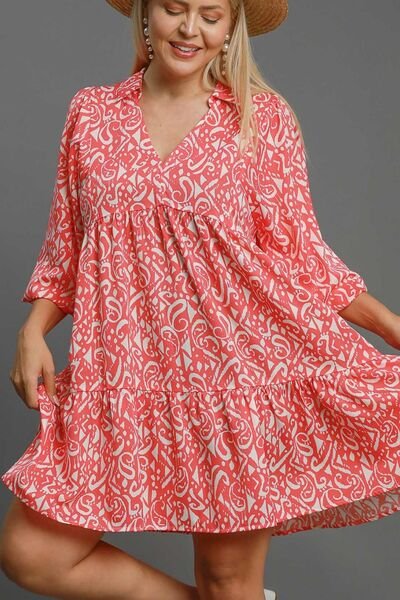 Umgee Full Size Two Tone Print Balloon Sleeve Tiered Dress Plus Size - Bitsy Gypsy Boutique