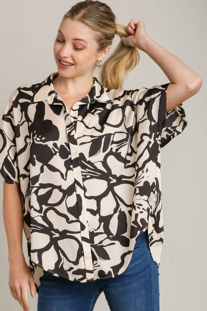 Umgee Full Size Two Tone Print Button Down Top with Hidden Plackets Plus Size - Bitsy Gypsy Boutique