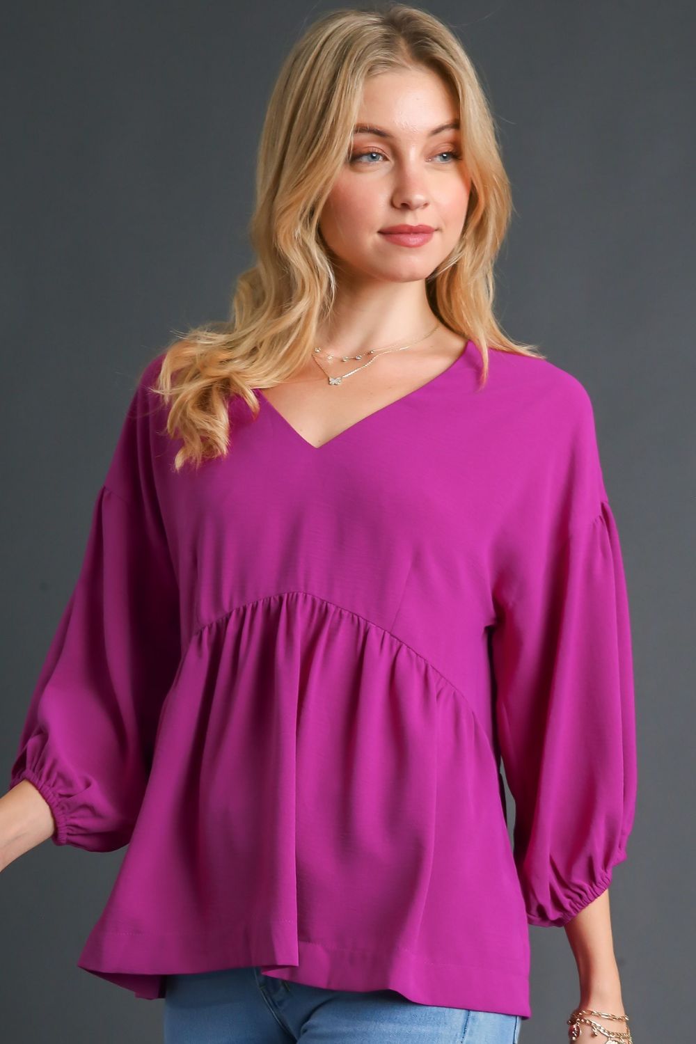 Umgee Full Size V - Neck Puffed 3/4 Sleeve Babydoll Blouse - Bitsy Gypsy Boutique
