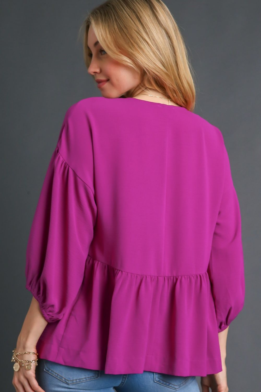 Umgee Full Size V - Neck Puffed 3/4 Sleeve Babydoll Blouse - Bitsy Gypsy Boutique