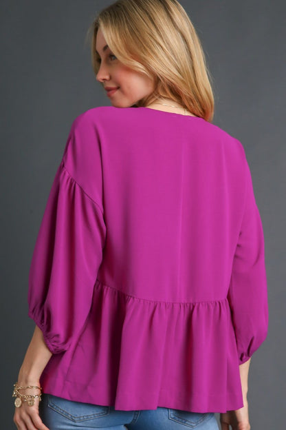 Umgee Full Size V - Neck Puffed 3/4 Sleeve Babydoll Blouse - Bitsy Gypsy Boutique