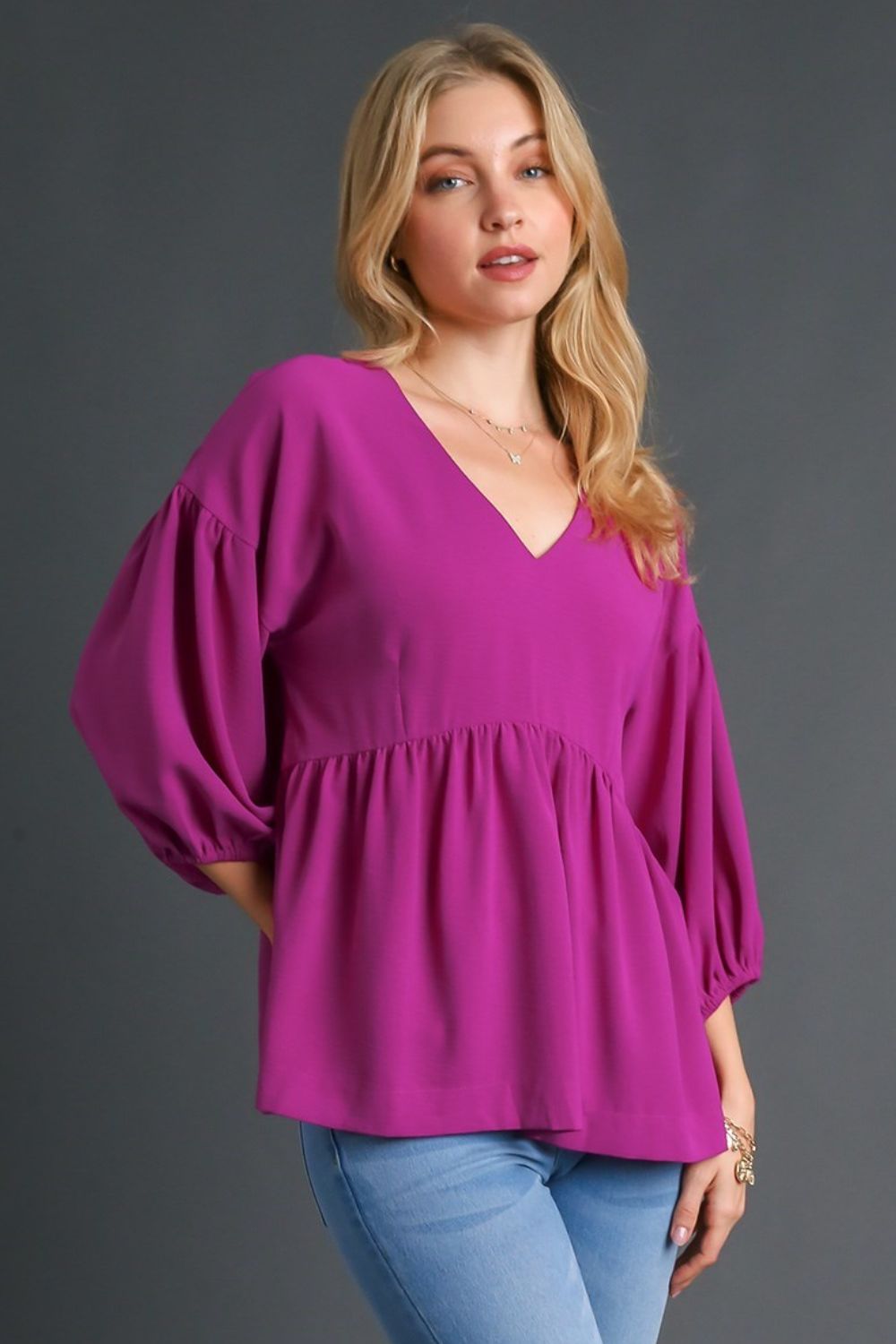 Umgee Full Size V - Neck Puffed 3/4 Sleeve Babydoll Blouse - Bitsy Gypsy Boutique
