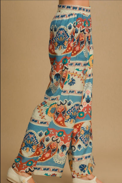 Umgee Full Size Wide Leg Border Print Pants - Bitsy Gypsy Boutique