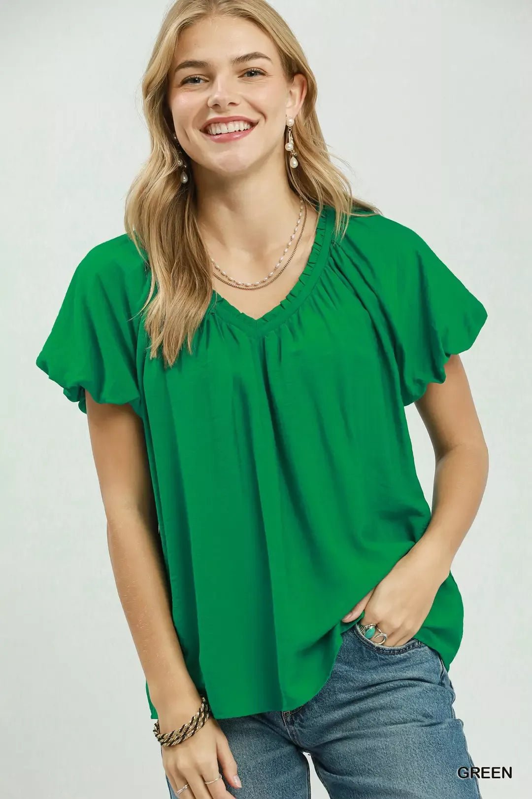 Umgee Gathered V - Neck Top - Bitsy Gypsy Boutique