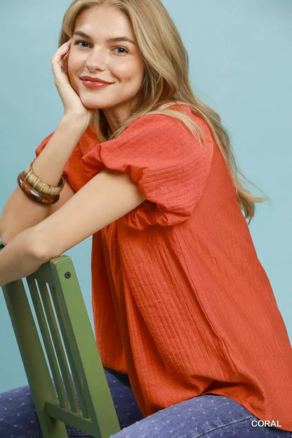 Umgee Gathered V - Neck Top - Bitsy Gypsy Boutique
