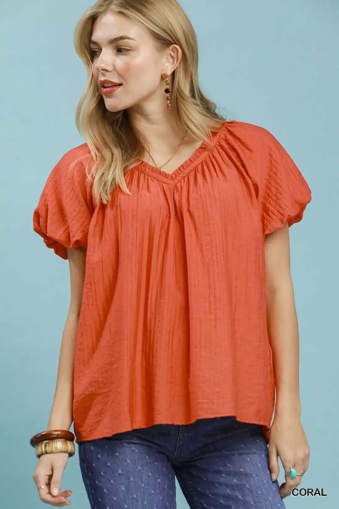 Umgee Gathered V - Neck Top - Bitsy Gypsy Boutique