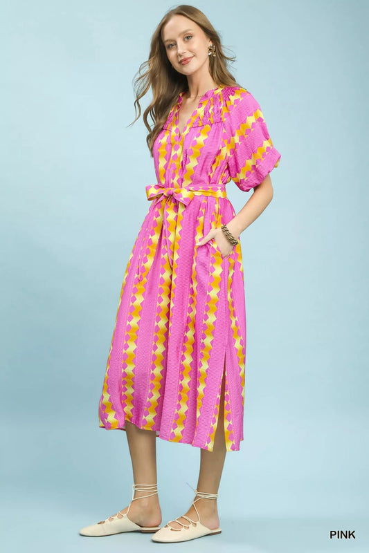 Umgee Geo Stripe Smocked Waist Tie Dress - Bitsy Gypsy Boutique
