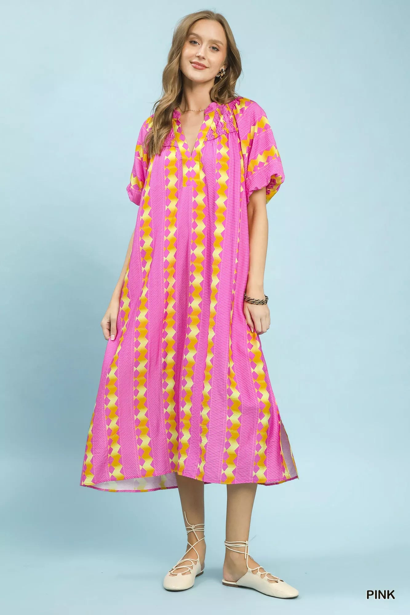 Umgee Geo Stripe Smocked Waist Tie Dress - Bitsy Gypsy Boutique