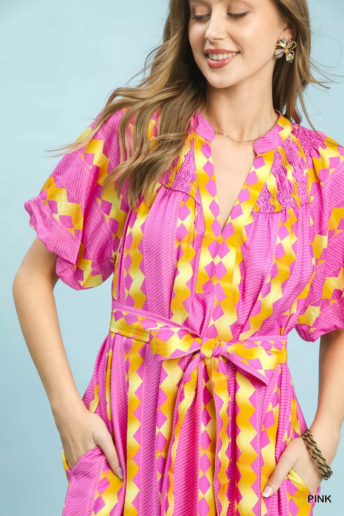 Umgee Geo Stripe Smocked Waist Tie Dress - Bitsy Gypsy Boutique