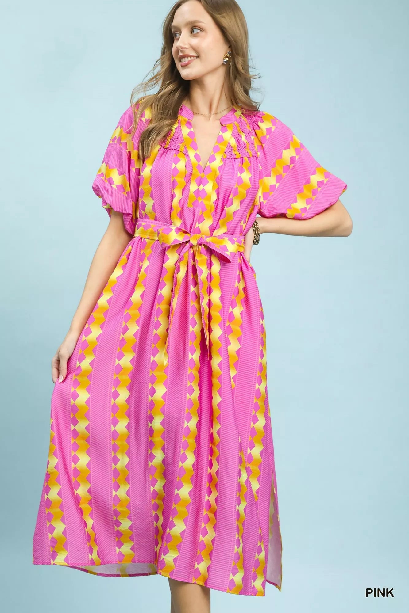 Umgee Geo Stripe Smocked Waist Tie Dress - Bitsy Gypsy Boutique
