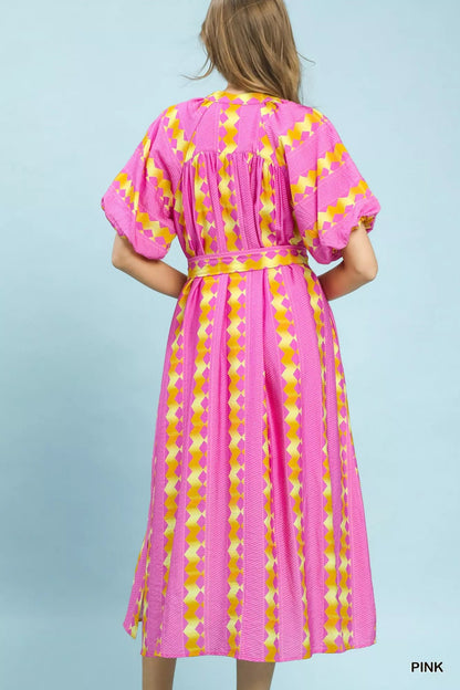 Umgee Geo Stripe Smocked Waist Tie Dress - Bitsy Gypsy Boutique