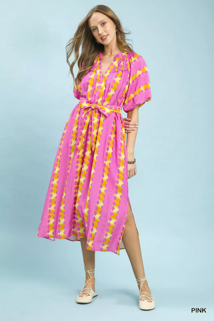 Umgee Geo Stripe Smocked Waist Tie Dress - Bitsy Gypsy Boutique