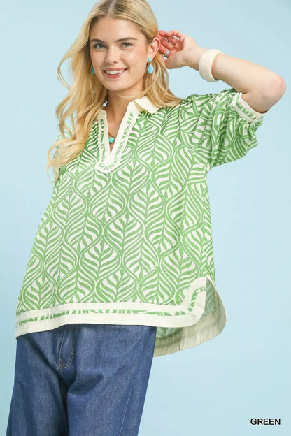 Umgee Geometric Leaf Print Popover Top - Bitsy Gypsy Boutique
