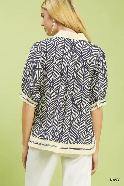 Umgee Geometric Leaf Print Popover Top - Bitsy Gypsy Boutique