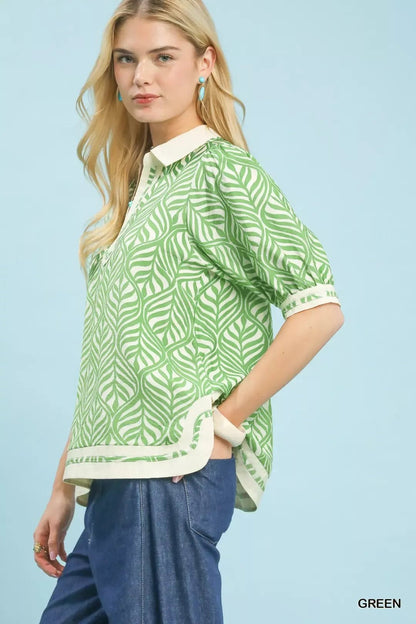 Umgee Geometric Leaf Print Popover Top - Bitsy Gypsy Boutique