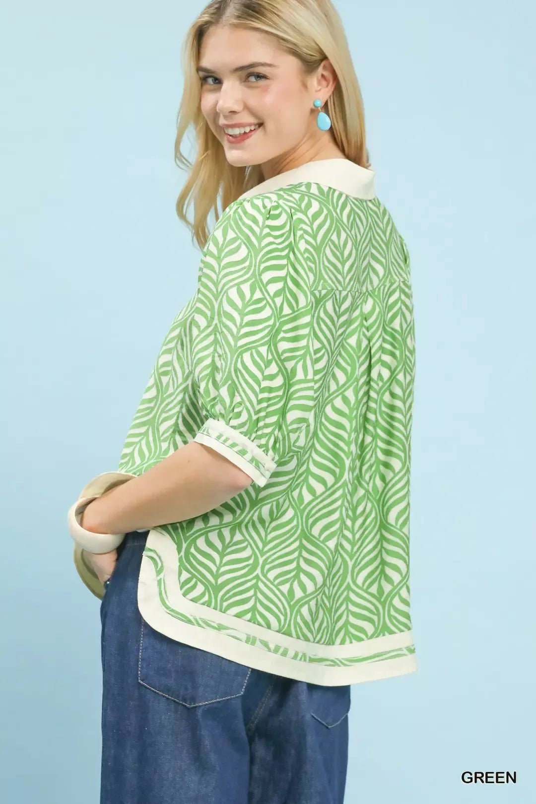 Umgee Geometric Leaf Print Popover Top - Bitsy Gypsy Boutique