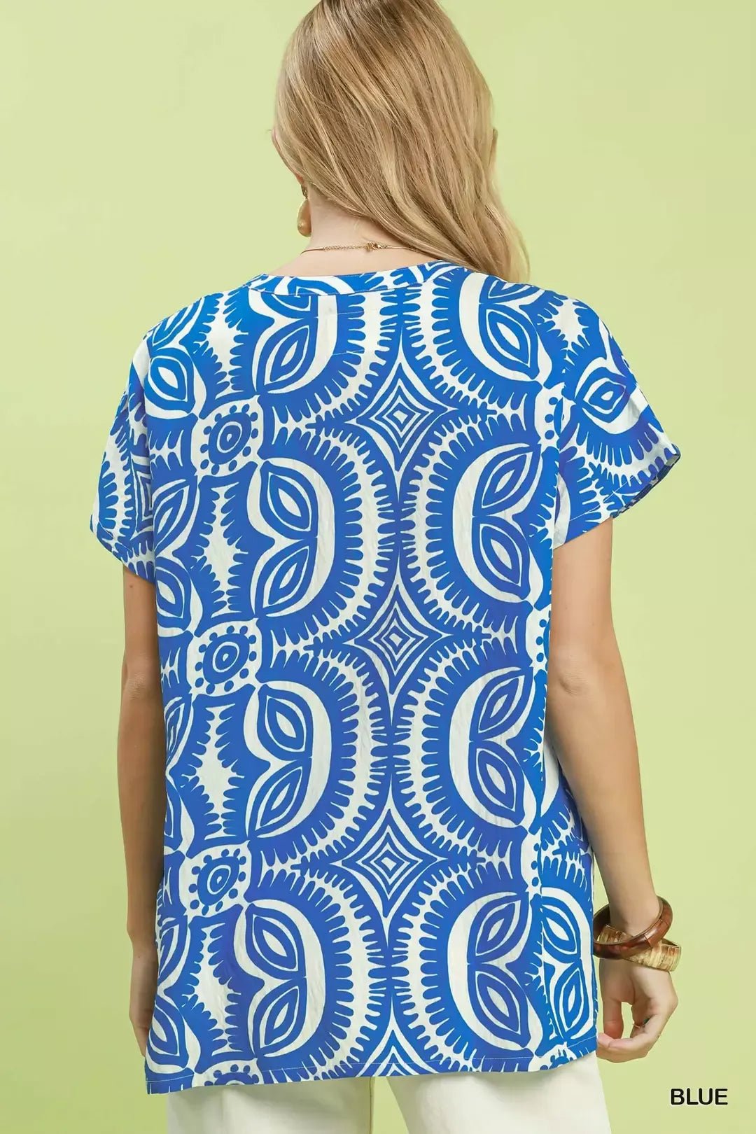 Umgee Geometric Print V - Neck Short Sleeve Top - Bitsy Gypsy Boutique