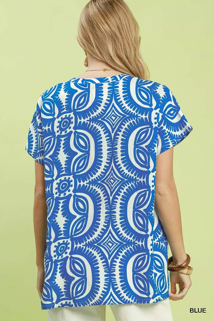 Umgee Geometric Print V - Neck Short Sleeve Top - Bitsy Gypsy Boutique