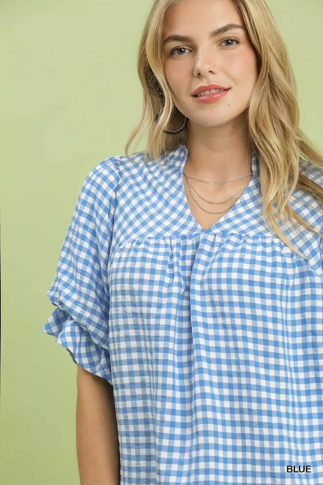 Umgee Gingham Check Blouse with Ruffle Sleeves - Bitsy Gypsy Boutique
