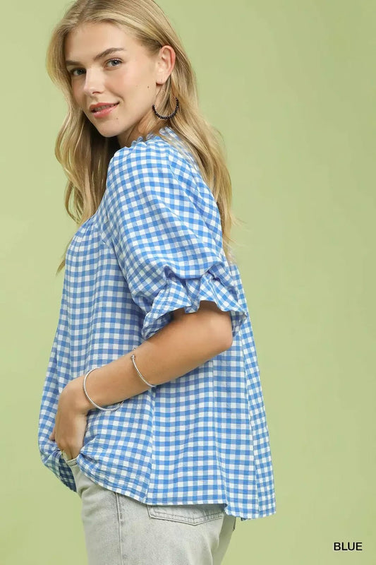 Umgee Gingham Check Blouse with Ruffle Sleeves - Bitsy Gypsy Boutique