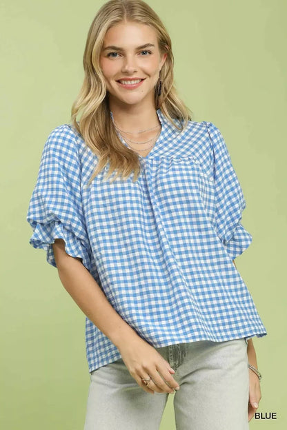 Umgee Gingham Check Blouse with Ruffle Sleeves - Bitsy Gypsy Boutique