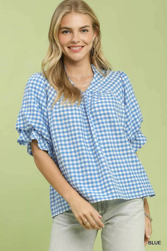 Umgee Gingham Check Blouse with Ruffle Sleeves - Bitsy Gypsy Boutique