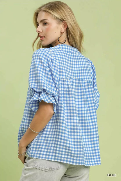 Umgee Gingham Check Blouse with Ruffle Sleeves - Bitsy Gypsy Boutique