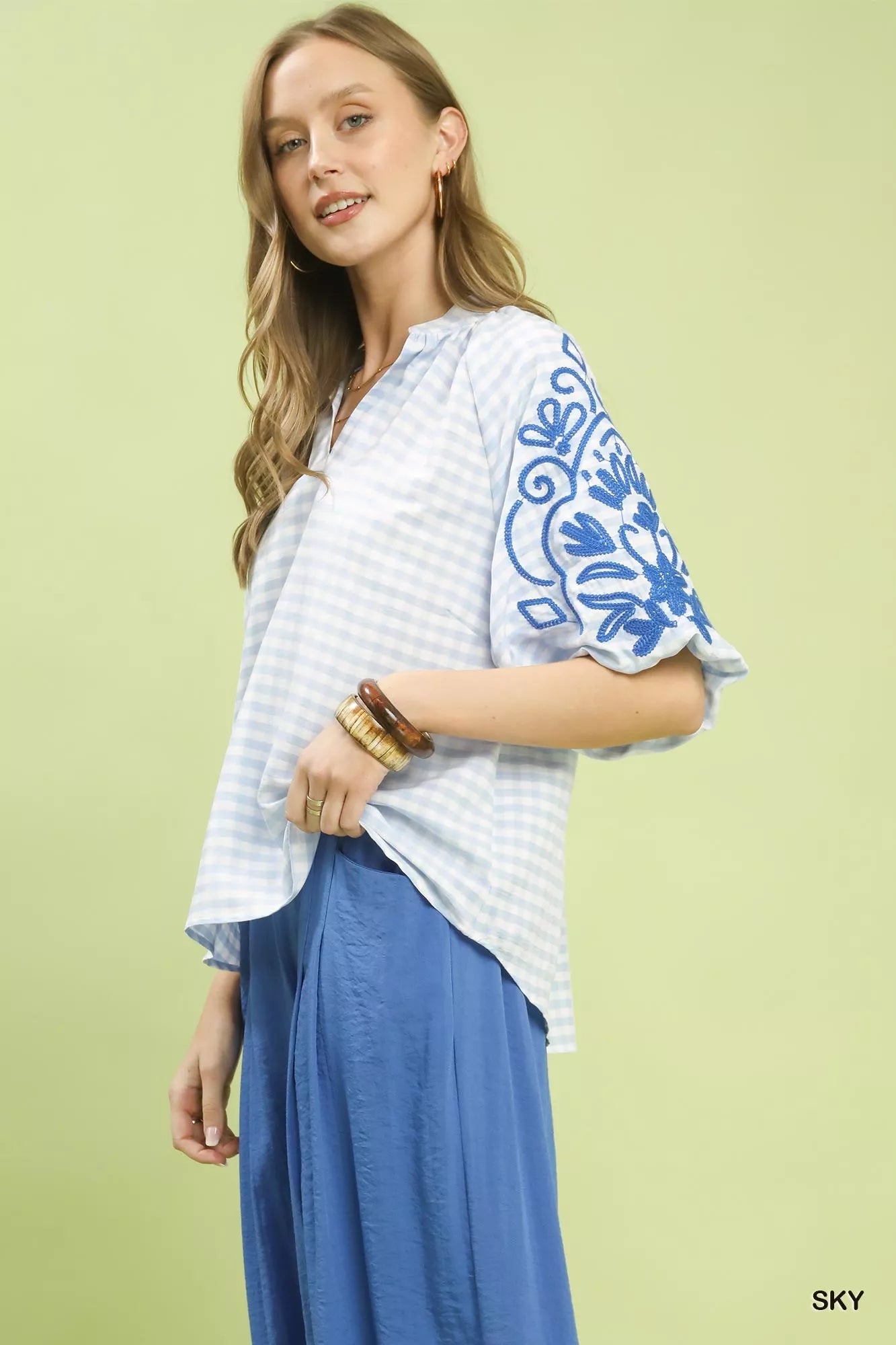 Umgee Gingham Embroidered Balloon Sleeve Top - Bitsy Gypsy Boutique