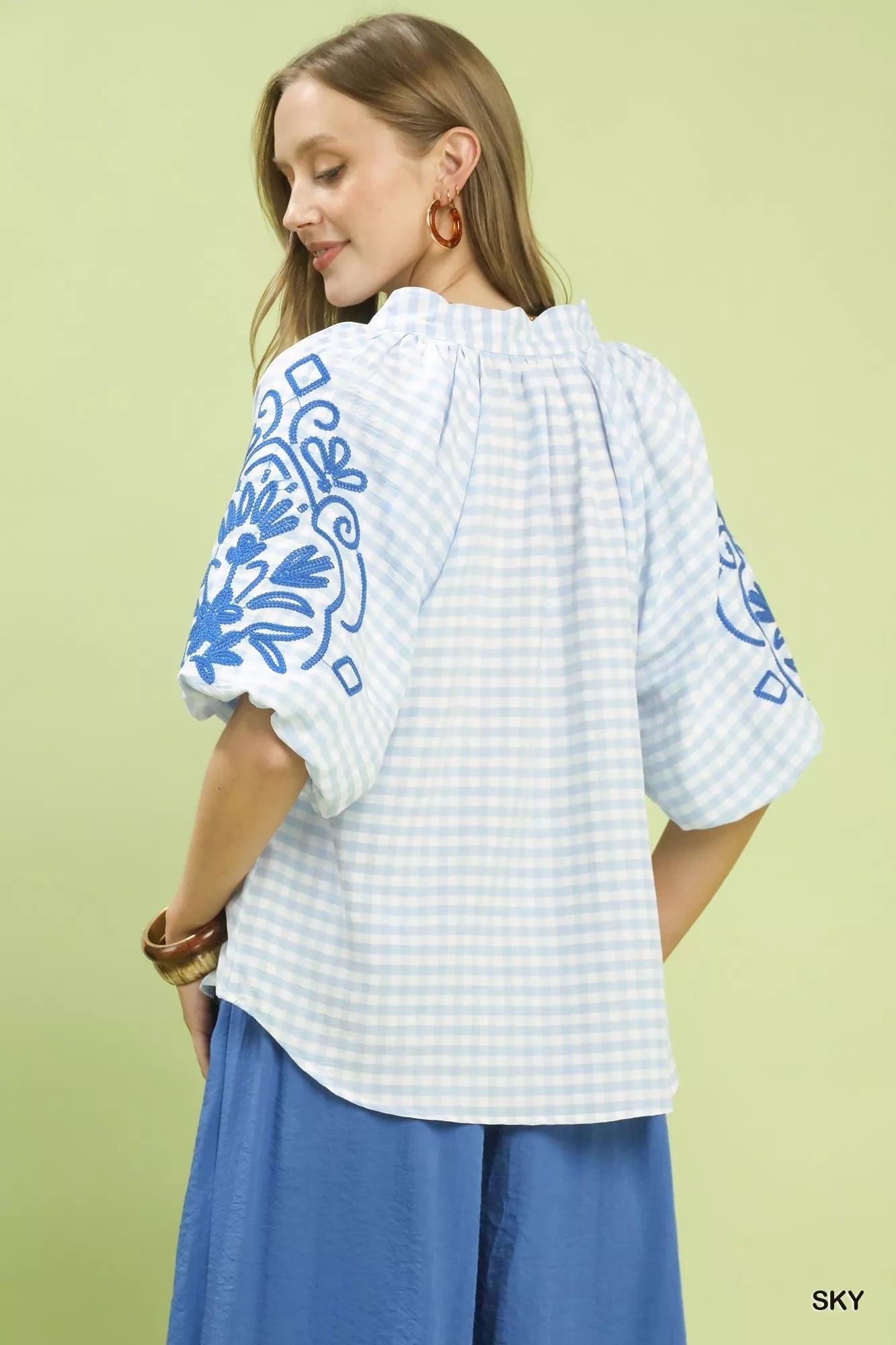 Umgee Gingham Embroidered Balloon Sleeve Top - Bitsy Gypsy Boutique