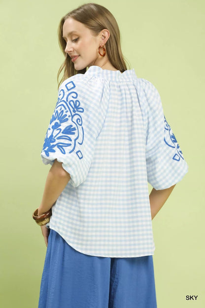 Umgee Gingham Embroidered Balloon Sleeve Top - Bitsy Gypsy Boutique