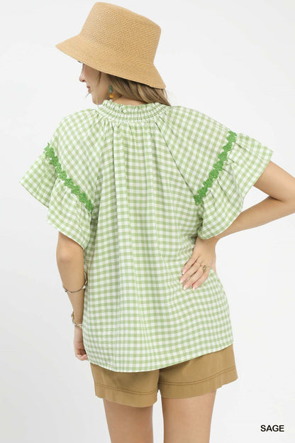 Umgee Gingham Lace Trim Top - Bitsy Gypsy Boutique