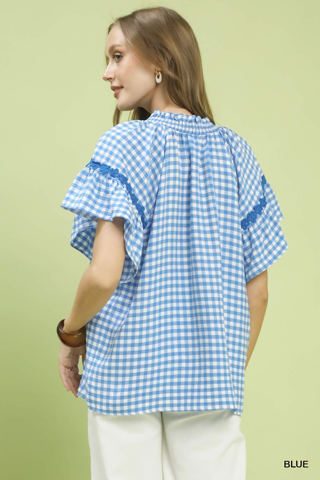 Umgee Gingham Lace Trim Top - Bitsy Gypsy Boutique
