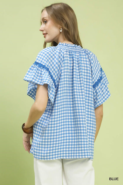 Umgee Gingham Lace Trim Top - Bitsy Gypsy Boutique