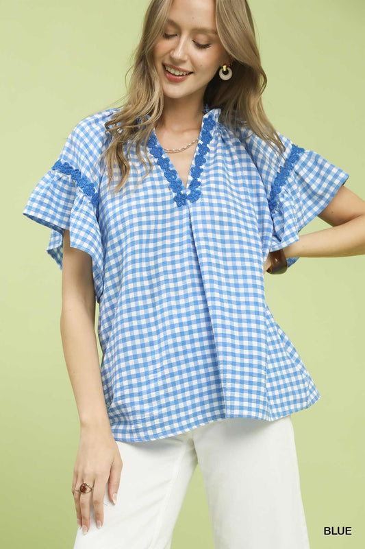 Umgee Gingham Lace Trim Top - Bitsy Gypsy Boutique