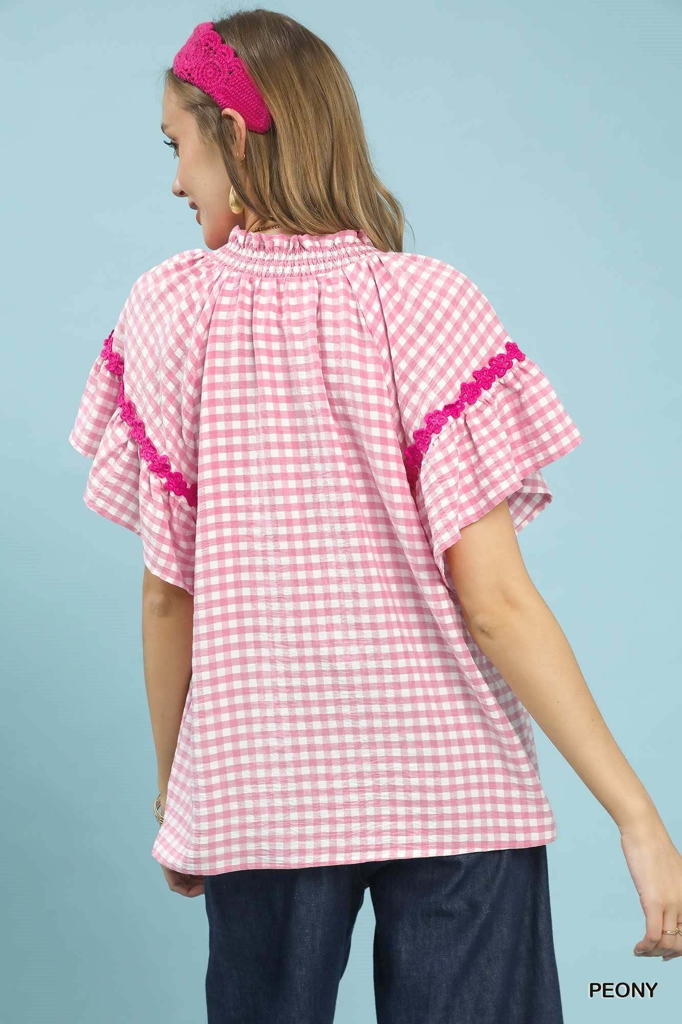 Umgee Gingham Lace Trim Top - Bitsy Gypsy Boutique