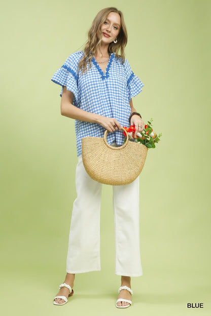 Umgee Gingham Lace Trim Top - Bitsy Gypsy Boutique