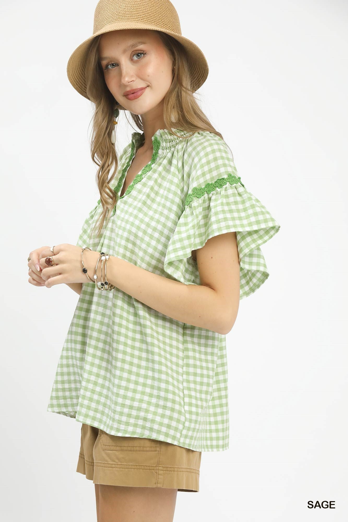 Umgee Gingham Lace Trim Top - Bitsy Gypsy Boutique