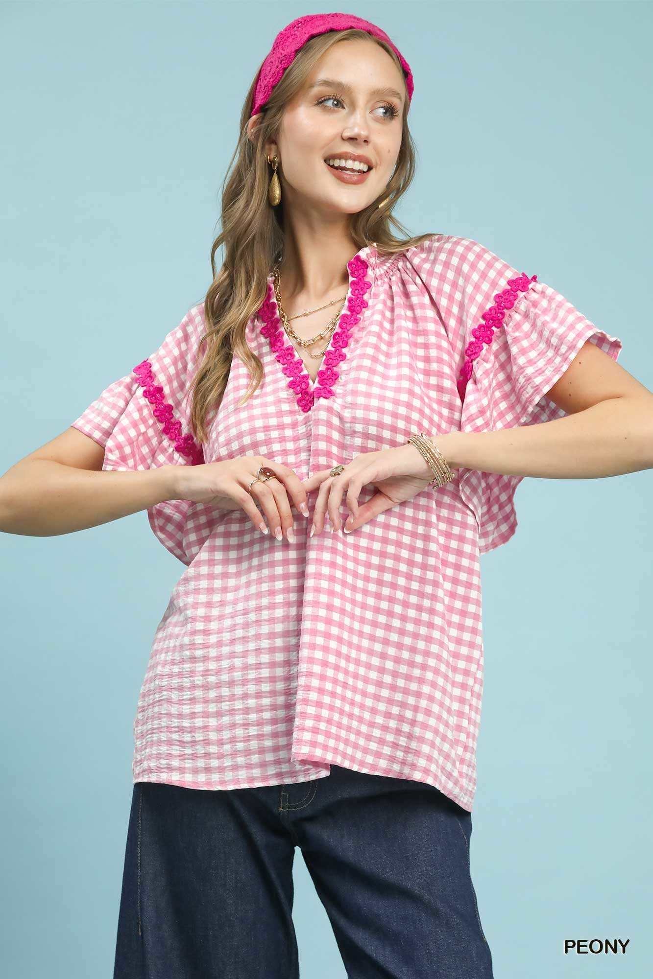 Umgee Gingham Lace Trim Top - Bitsy Gypsy Boutique