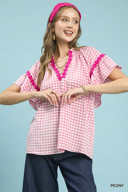 Umgee Gingham Lace Trim Top - Bitsy Gypsy Boutique