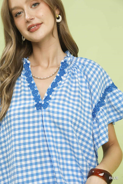 Umgee Gingham Lace Trim Top - Bitsy Gypsy Boutique