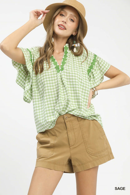 Umgee Gingham Lace Trim Top - Bitsy Gypsy Boutique