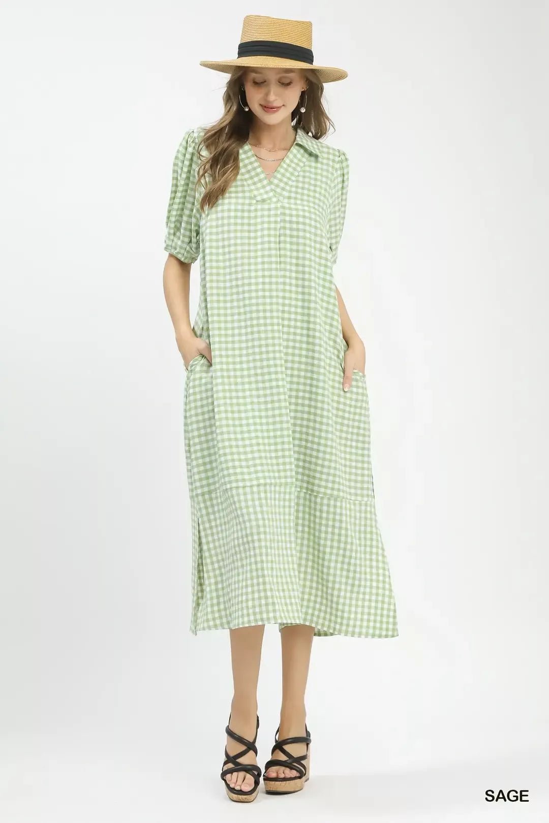 Umgee Gingham Midi Dress with Side Pockets - Bitsy Gypsy Boutique