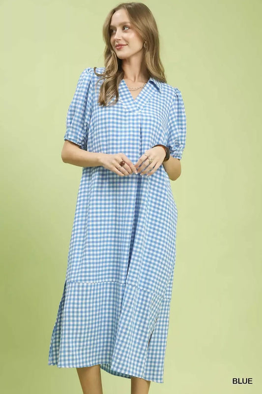 Umgee Gingham Midi Dress with Side Pockets - Bitsy Gypsy Boutique