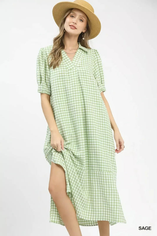 Umgee Gingham Midi Dress with Side Pockets - Bitsy Gypsy Boutique