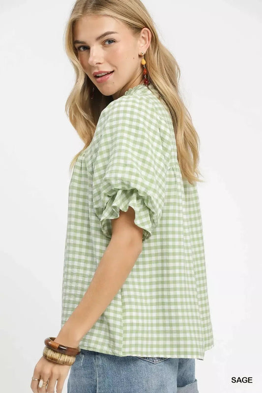 Umgee Gingham Puff Sleeve Babydoll Blouse - Bitsy Gypsy Boutique