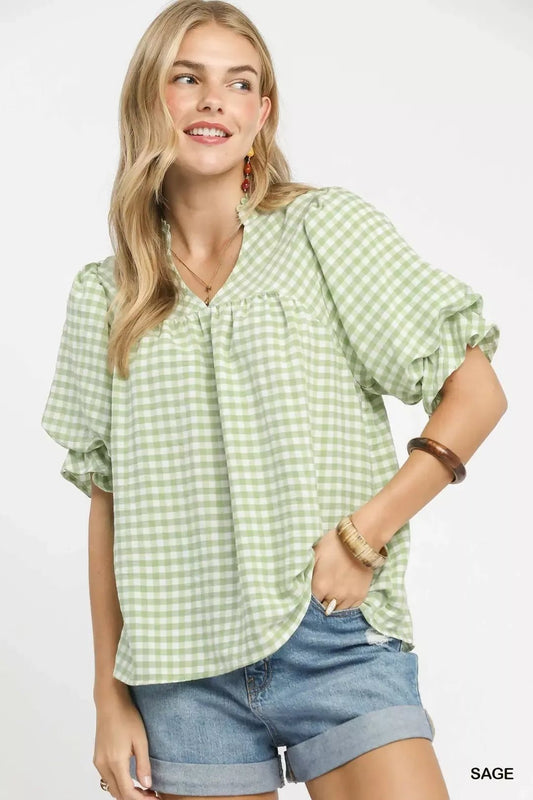 Umgee Gingham Puff Sleeve Babydoll Blouse - Bitsy Gypsy Boutique